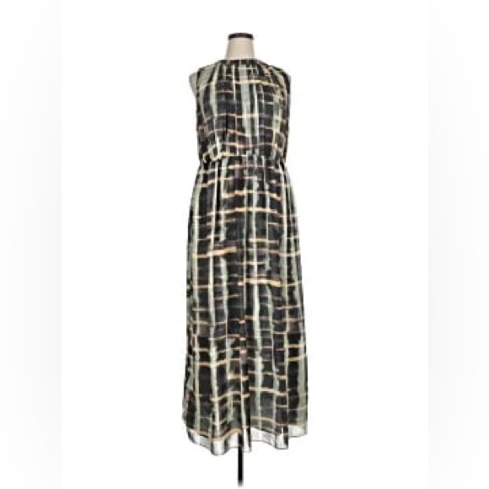 NWT H&M Black Cream Plaid Midi Dress Sleeveless Ruched Waist Neutral